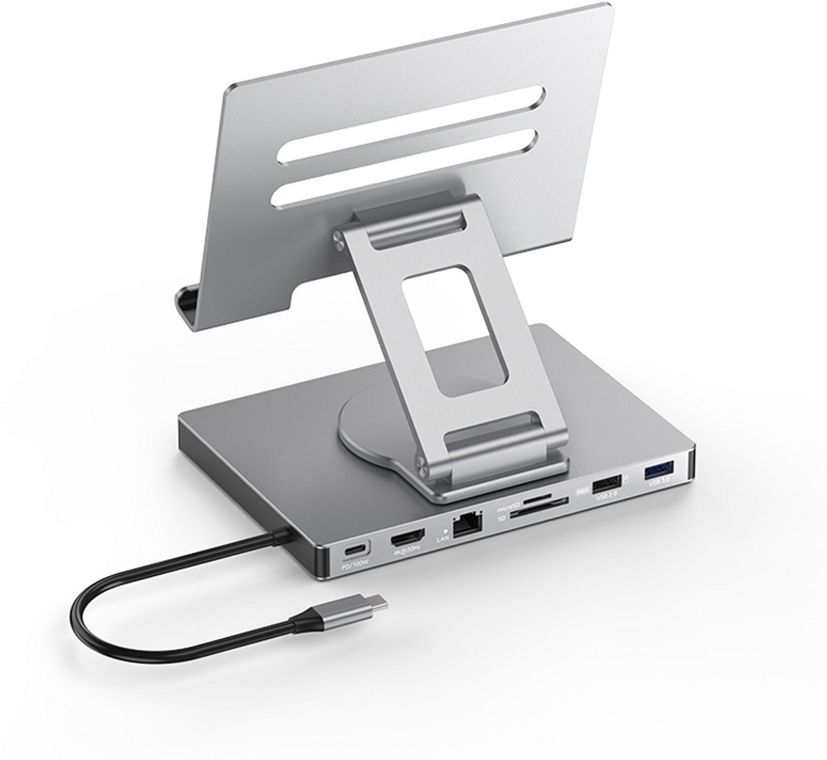 Image of 7-in-1 USB-C Docking Station met Tabletstandaard – HDMI 4K@60Hz, Ethernet, 3×USB 3.0, SD/TF-kaartlezer, PD-oplaadpoort – Aluminium Multifunctionele Hub Geschikt voor Laptop, MacBook, iPad & Android Tablets