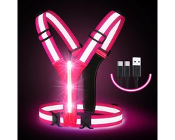 LED reflecterende vest hardloopkleding, USB oplaadbare LED licht op vest hoge zichtbaarheid met verstelbare taille/schouder voor joggen hardlopen fietsen wandelen motorfiets-Roze
