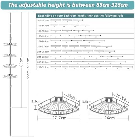 Flokoo - Telescopisch Doucherek - Verstelbaar 70-275 Cm - 4 Mandjes