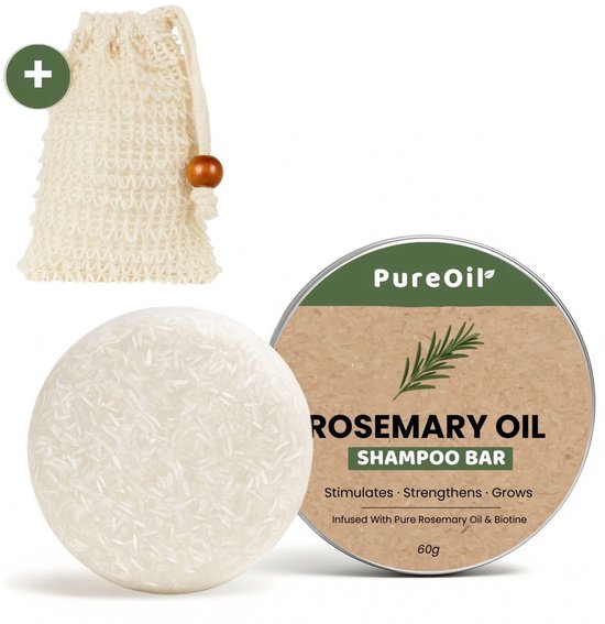 PureOil - Rozemarijn Shampoo Bar - Incl. Zeepzakje & Zeepbakje - 60g - Met 100% Rosemary Oil - Vegan, Sulfaat en Parabeen Vrij