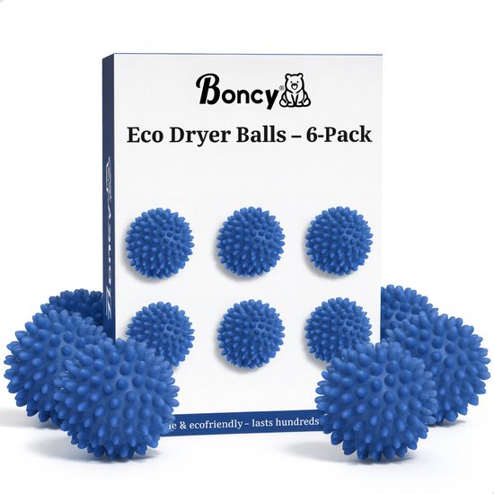 Un pack de 6 boules de séchage bleues et hérissées disposées autour d'une boîte Boncy Eco Dryer Balls.