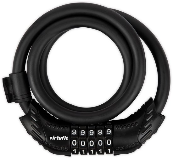 Opgerold zwart Virtufit cijferslot met 5 cijferrollen en merknaam.