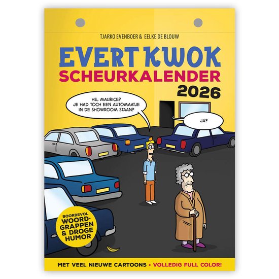 Titelpagina van de Evert Kwok Scheurkalender 2026 met cartoon van auto's en twee mannen. Tekst: 'BOORDEVOL WOORD- GRAPPEN & DROGE HUMOR'.