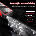 Startbooster "EAFC" met rode accenten. LED-lampje aan de zijkant schijnt op de motorruimte. Diagram toont accentverlichting, SOS en knipperlicht.