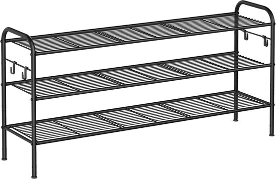 Étagère à chaussures en métal à 3 niveaux – Planches réglables et 4 crochets latéraux – Peut contenir 18 paires de Chaussures pour femmes – Zwart – Robuste et compact pour le couloir, l'entrée ou l'armoire