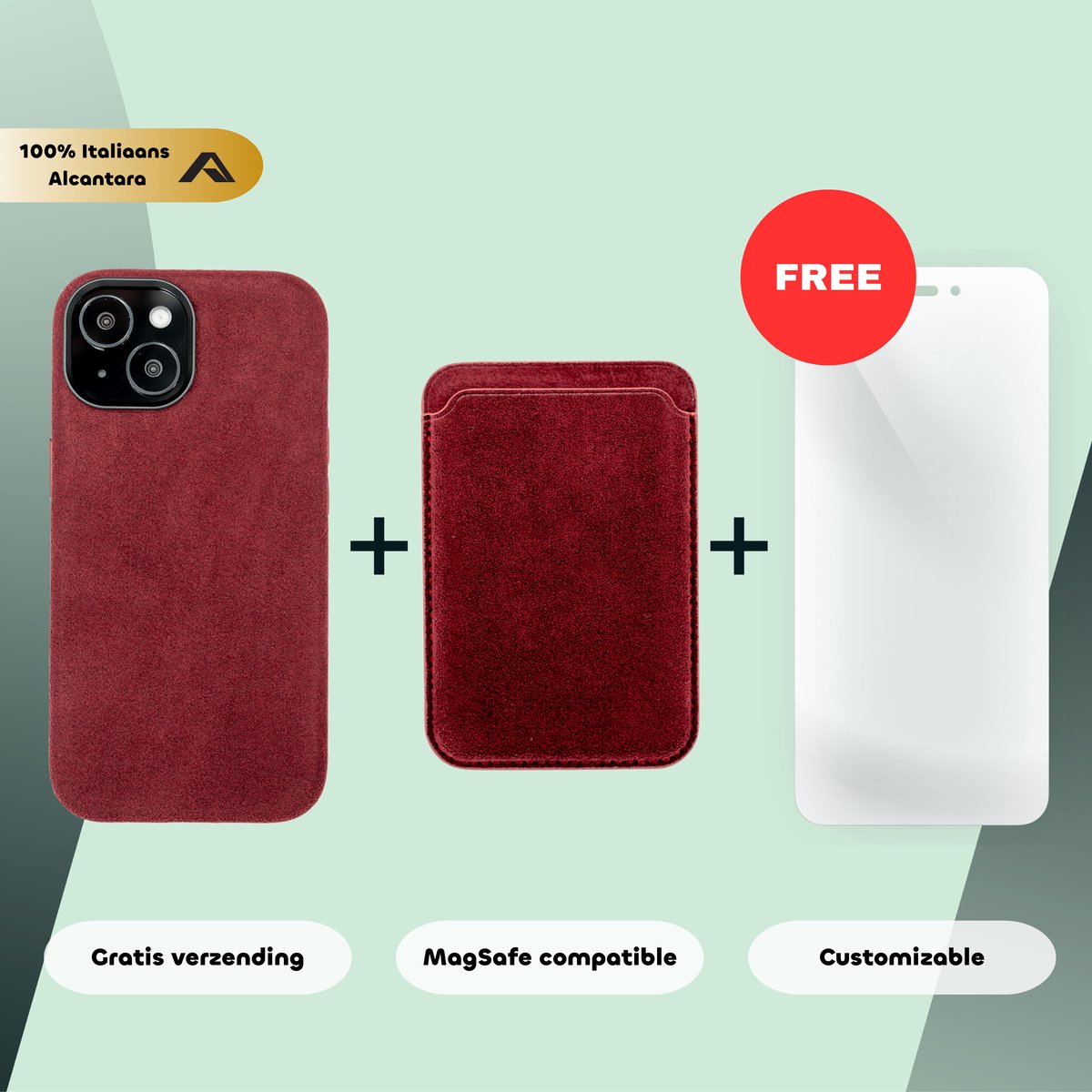 iPhone 15 – Alcantara Case + MagSafe Wallet + Gratis Screenprotector | Ruby Red