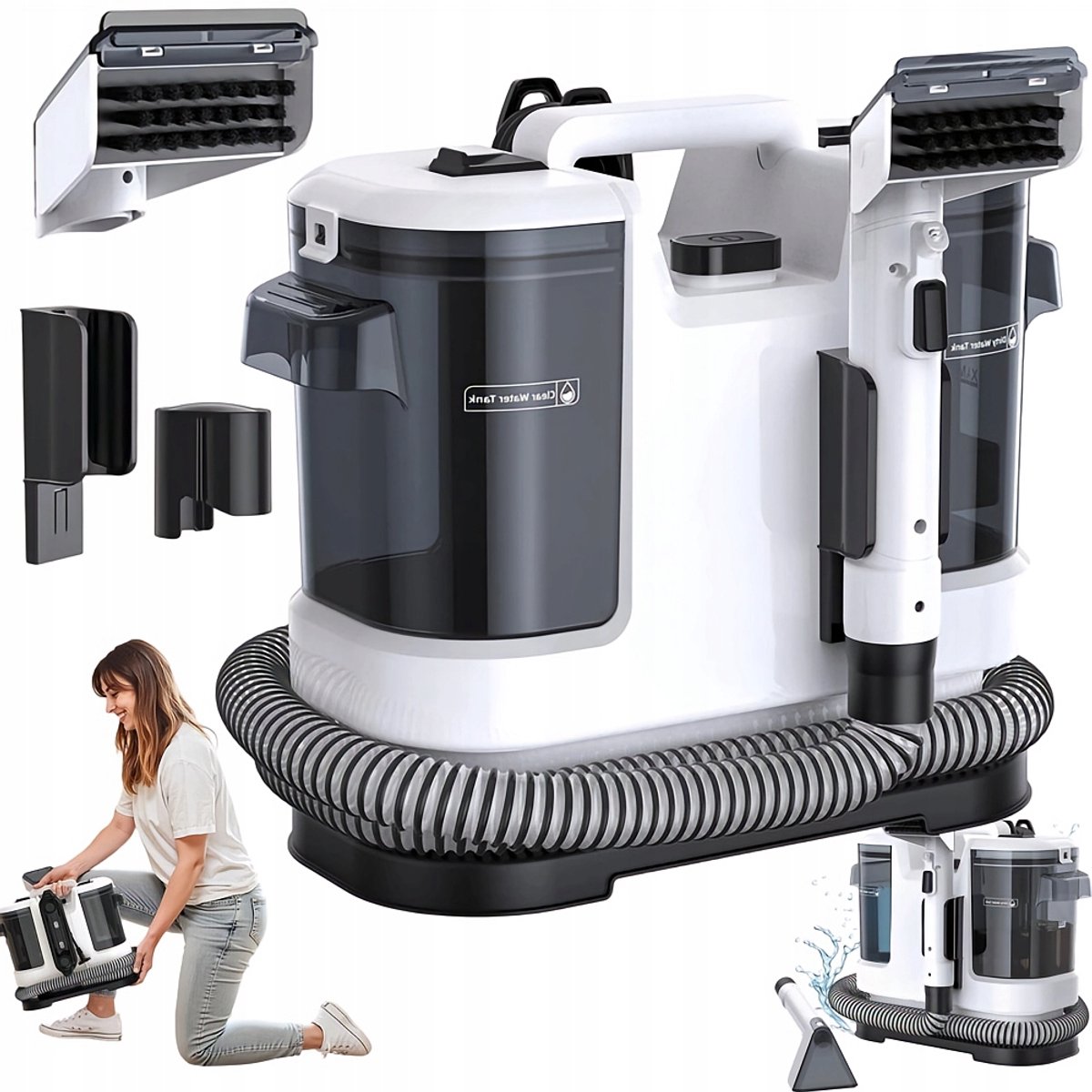 Tapijtreiniger met Zuigfunctie - Stofzuiger - 450W Motor & 12KPa Zuigkracht - Dubbele Tank voor Vloeistof en Vuil - Draagbaar voor Bank en Auto - Professionele Vlekverwijderaar