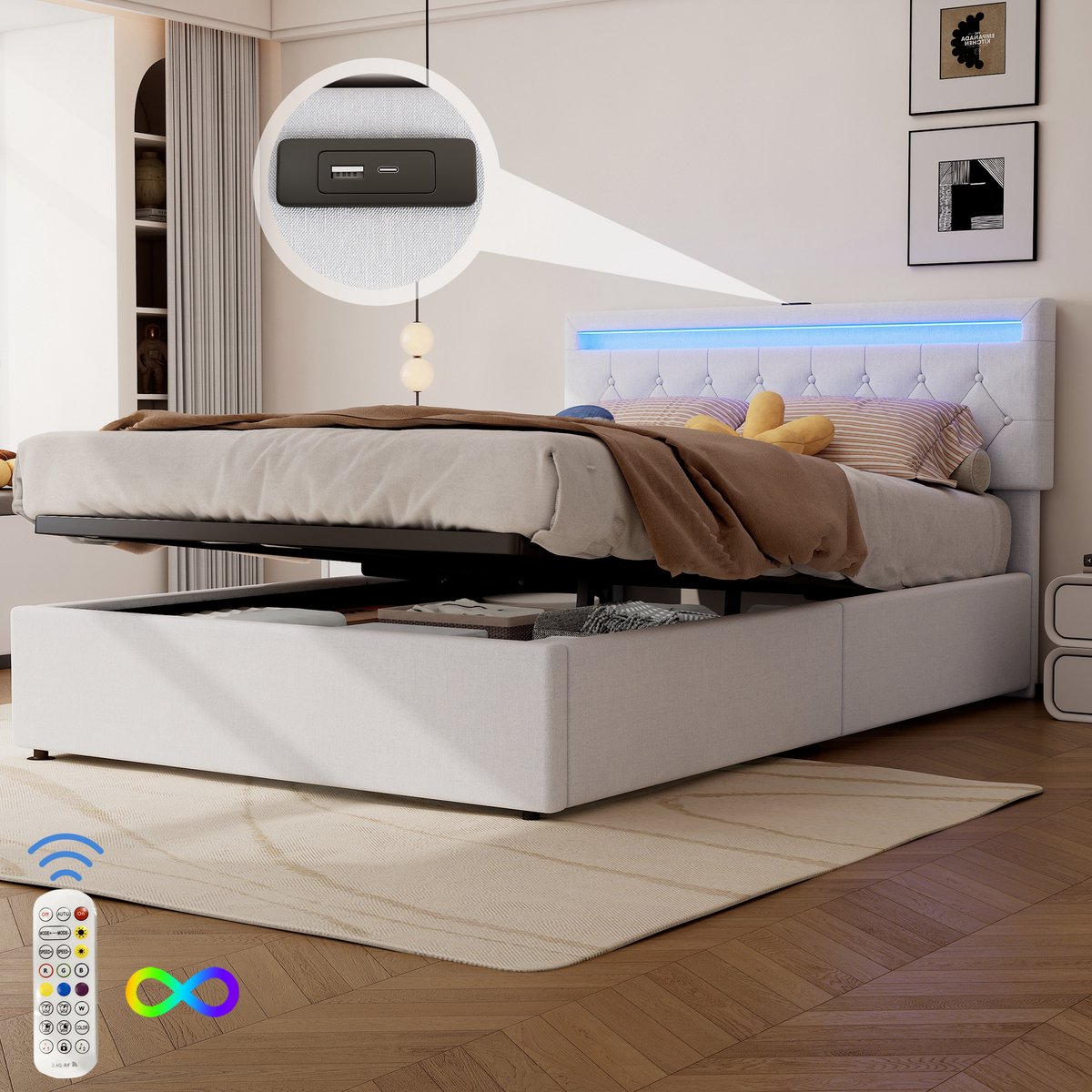 Merax Gestoffeerd bed 140x200 cm - met LED-verlichting - verstelbare hoofdbord - met USB-aansluiting - met opbergruimte - wit - zonder matras
