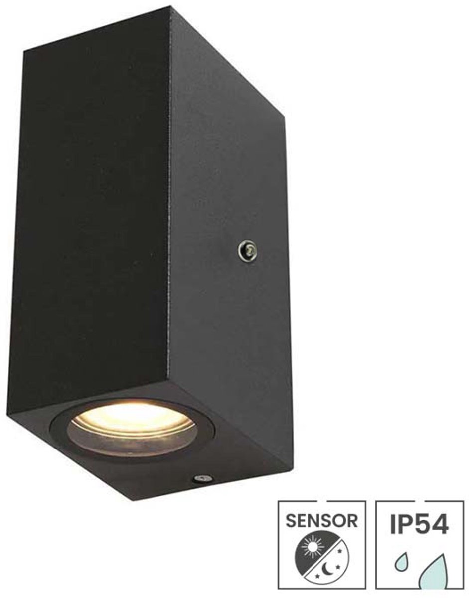 Buitenlamp met sensor dag en nacht - Wandlamp buiten - Vallon - Zwart - IP54 - Geschikt voor 2 GU10 spots