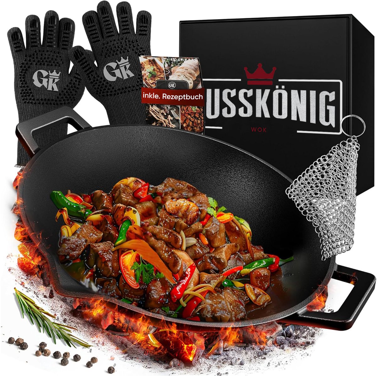 Gusskönig wokpan pfas vrij - gietijzeren wokpan 36 cm - met barbecuehandschoenen