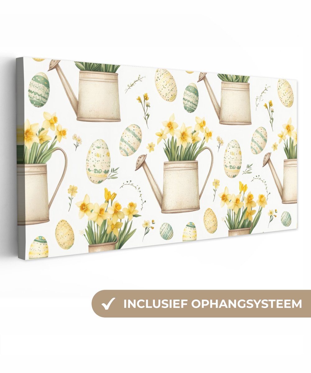 Canvas schilderij 300x140 cm - Exclusieve wanddecoratie Gieter - Bloemen - Eieren - Muurde