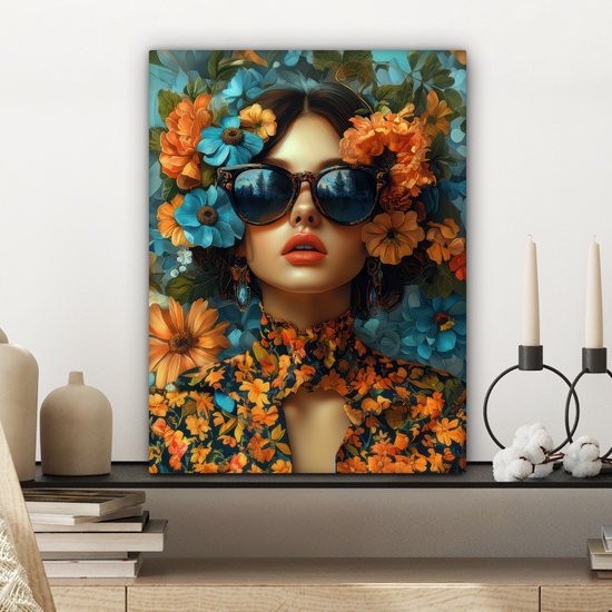 Canvas schilderij 30x40 cm - Wanddecoratie Vrouw - Bloemen - Oranje - Blauw - Modern - Muurdecoratie woonkamer - Slaapkamer decoratie - Kamer accessoires - Schilderijen op canvas