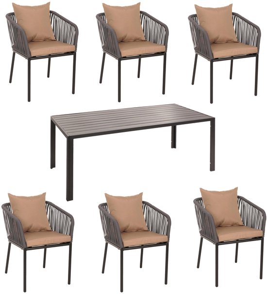 Tuinset MCW-N41, tafel+6xstoelen, weerbestendig aluminium 180x80cm, touwweefsel Rope ~ antraciet kussens taupe