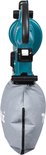 Close-up van de turquoise Makita bladblazer handgreep met grijze opvangzak.