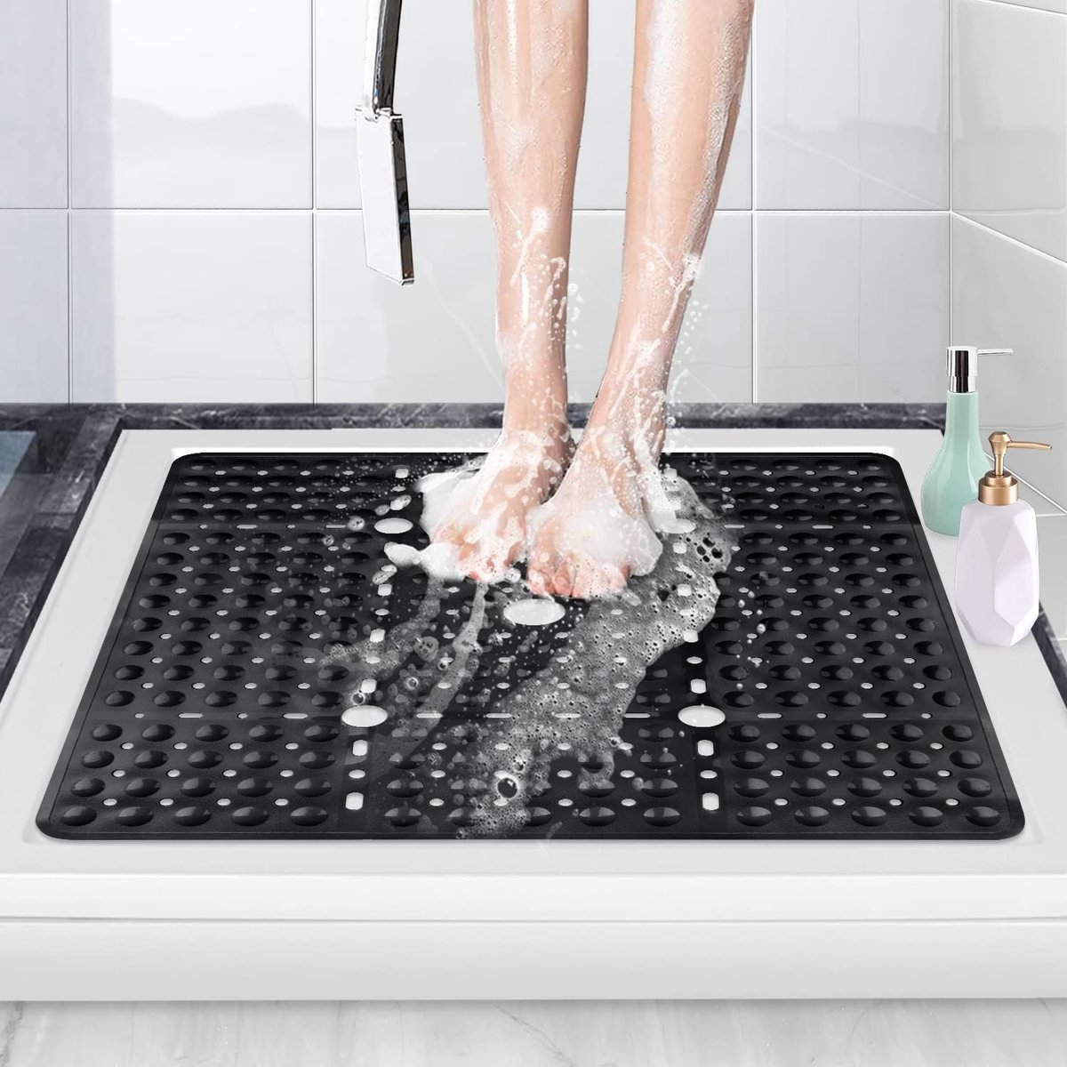 Antislip Douchemat 70 x 70 cm | Extra Grote Vierkante Badmat met Afvoergaten en Zuignappen | Machinewasbare Anti-Schimmel Badmat voor Veiligheid en Comfort