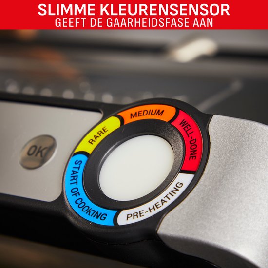 Slimme kleurensensor van de Tefal OptiGrill+ geeft de gaarheidsfase aan: rare, medium, well-done.