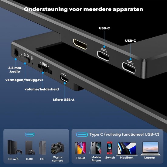 Draagbare Monitor 15,6 Inch FHD IPS Scherm met Type-C/USB-C Poort voor Laptop, PC, PS4, PS5 en Mobiele Apparaten — afbeelding 5
