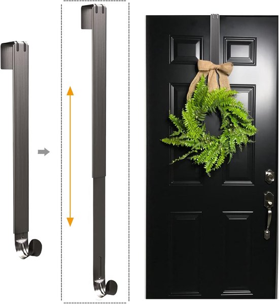 Verstelbare kranshanger - Haak voor over de deur, 15 tot 25 inch & houder voor grotere kerstversieringen (nikkel, 20 lbs) - Verstelbaar - 1 stuk - zwart
