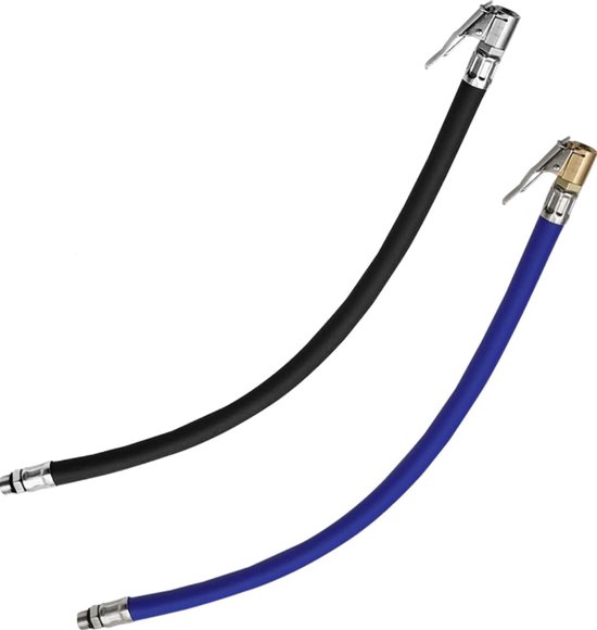 Twee flexibele autoband verlengslangen: één zwarte en één blauwe, beide met metalen clips.