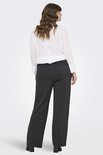 Model in donkergrijze wijde broek met witte blouse, van achteren gezien.