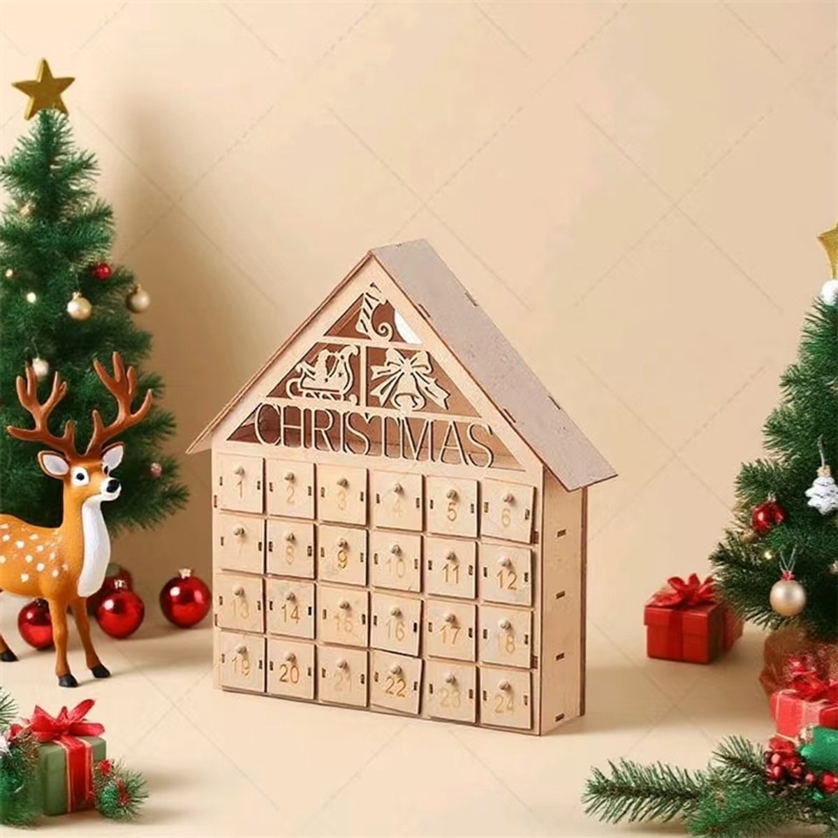 Houten Adventskalender met 24 lades, kerstthema, 28,5*26,5*6,5 cm.