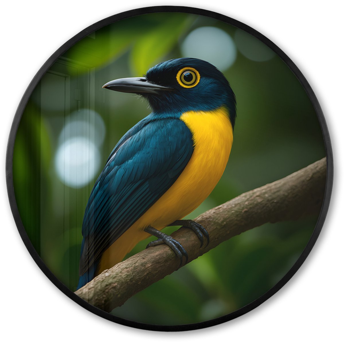 FrameYourWall Poster in lijst Rond - Fotolijst 80x80 cm - Posters - Vogel - Tak - Geel - Bladeren - Ronde posterlijst zwart - Decoratie - Wanddecoratie woonkamer - Muurdecoratie slaapkamer