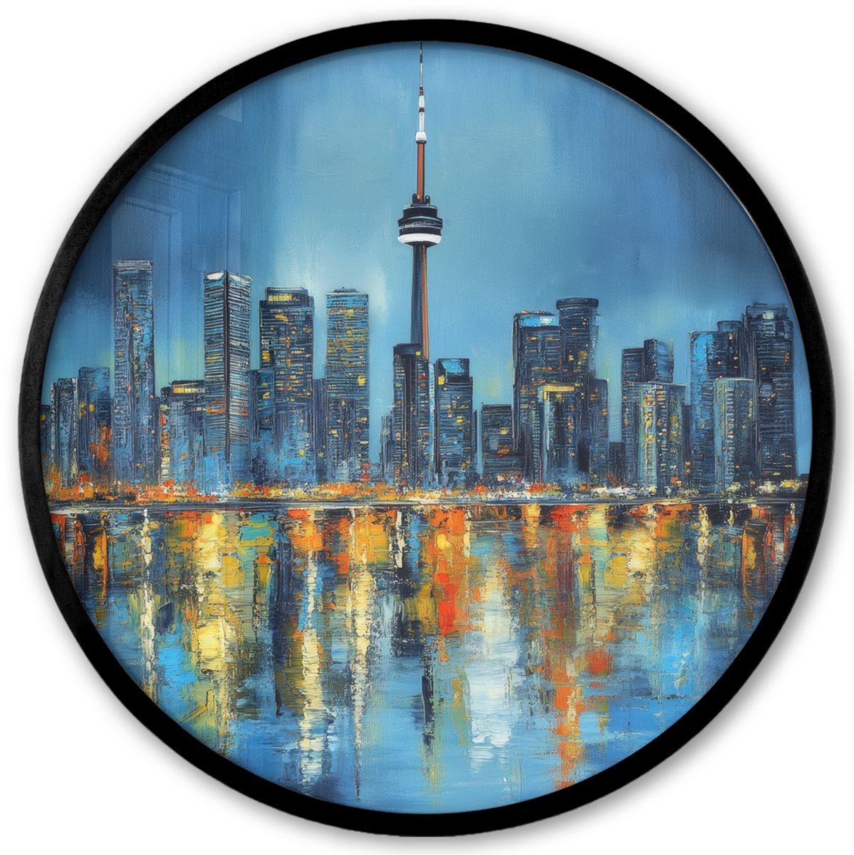 FrameYourWall Poster in lijst Rond - Fotolijst 40x40 cm - Posters - Skyline Toronto - Water - Stadslichten - Toren - Ronde posterlijst zwart - Decoratie - Wanddecoratie woonkamer - Muurdecoratie slaapkamer Skyline - Water