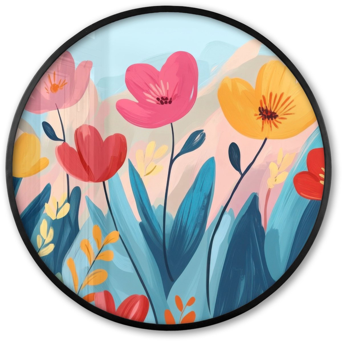FrameYourWall Poster in lijst Rond - Fotolijst 60x60 cm - Posters - Illustratie - Bloemen - Kleurrijk - Ronde posterlijst zwart - Decoratie - Wanddecoratie woonkamer - Muurdecoratie slaapkamer