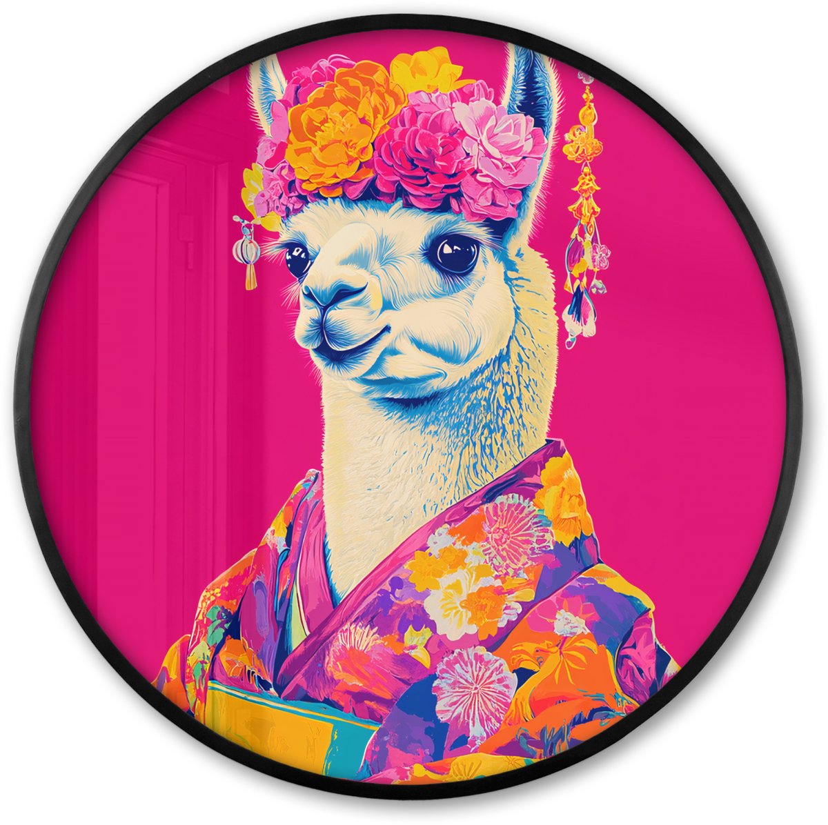 FrameYourWall Poster in lijst Rond - Fotolijst 60x60 cm - Posters - Lama - Kimono - Bloemenkrans - Felroze - Ronde posterlijst zwart - Decoratie - Wanddecoratie woonkamer - Muurdecoratie slaapkamer
