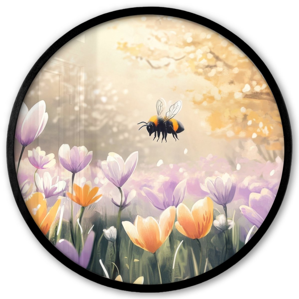 FrameYourWall Poster in lijst Rond - Fotolijst 40x40 cm - Posters - Viooltjes - bij - Zonlicht - Ronde posterlijst zwart - Decoratie - Wanddecoratie woonkamer - Muurdecoratie slaapkamer Bij - Bloemen