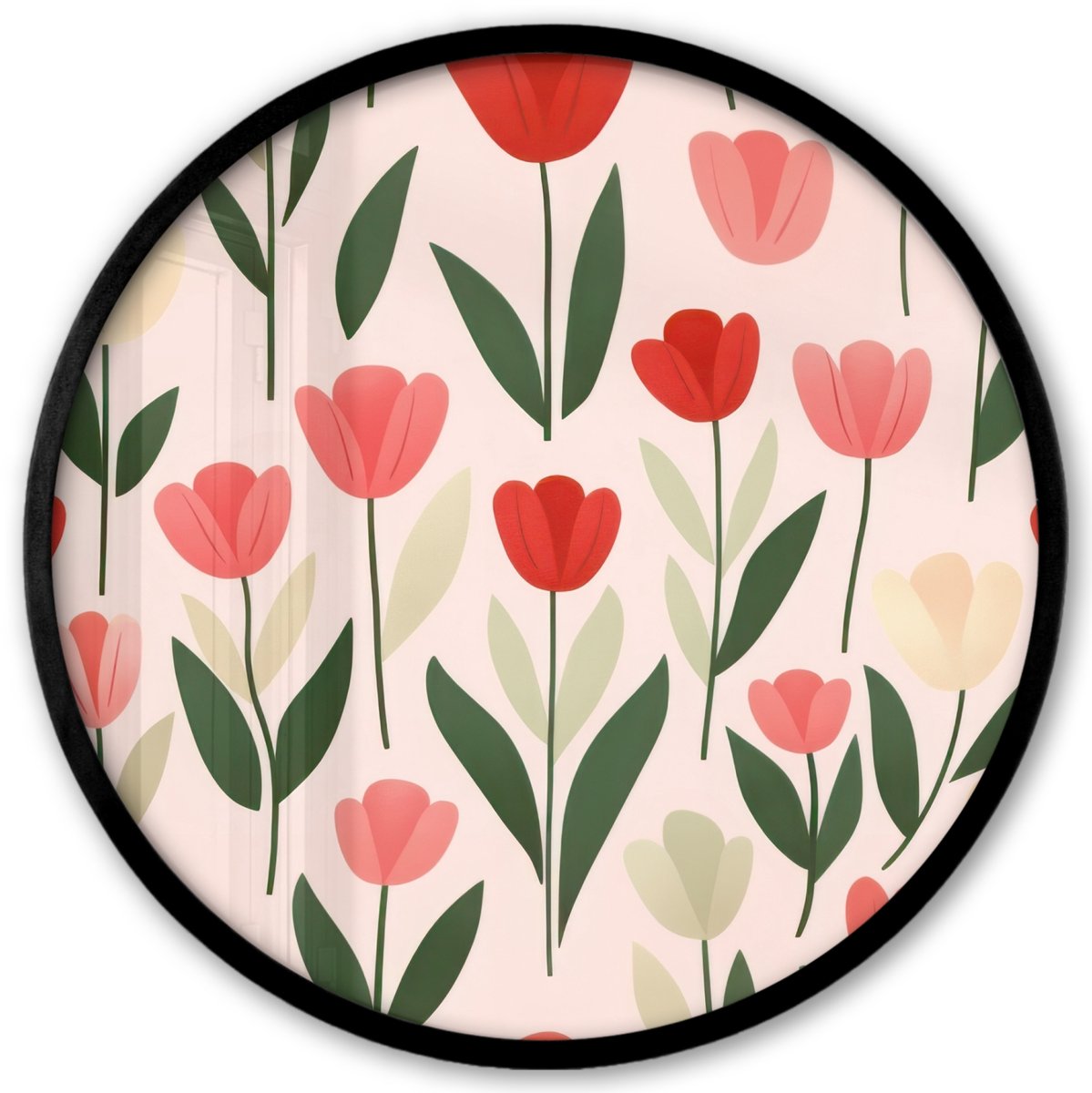 FrameYourWall Poster in lijst Rond - Fotolijst 40x40 cm - Posters - Tulpen - Modern - Roze - Ronde posterlijst zwart - Decoratie - Wanddecoratie woonkamer - Muurdecoratie slaapkamer Bloemen