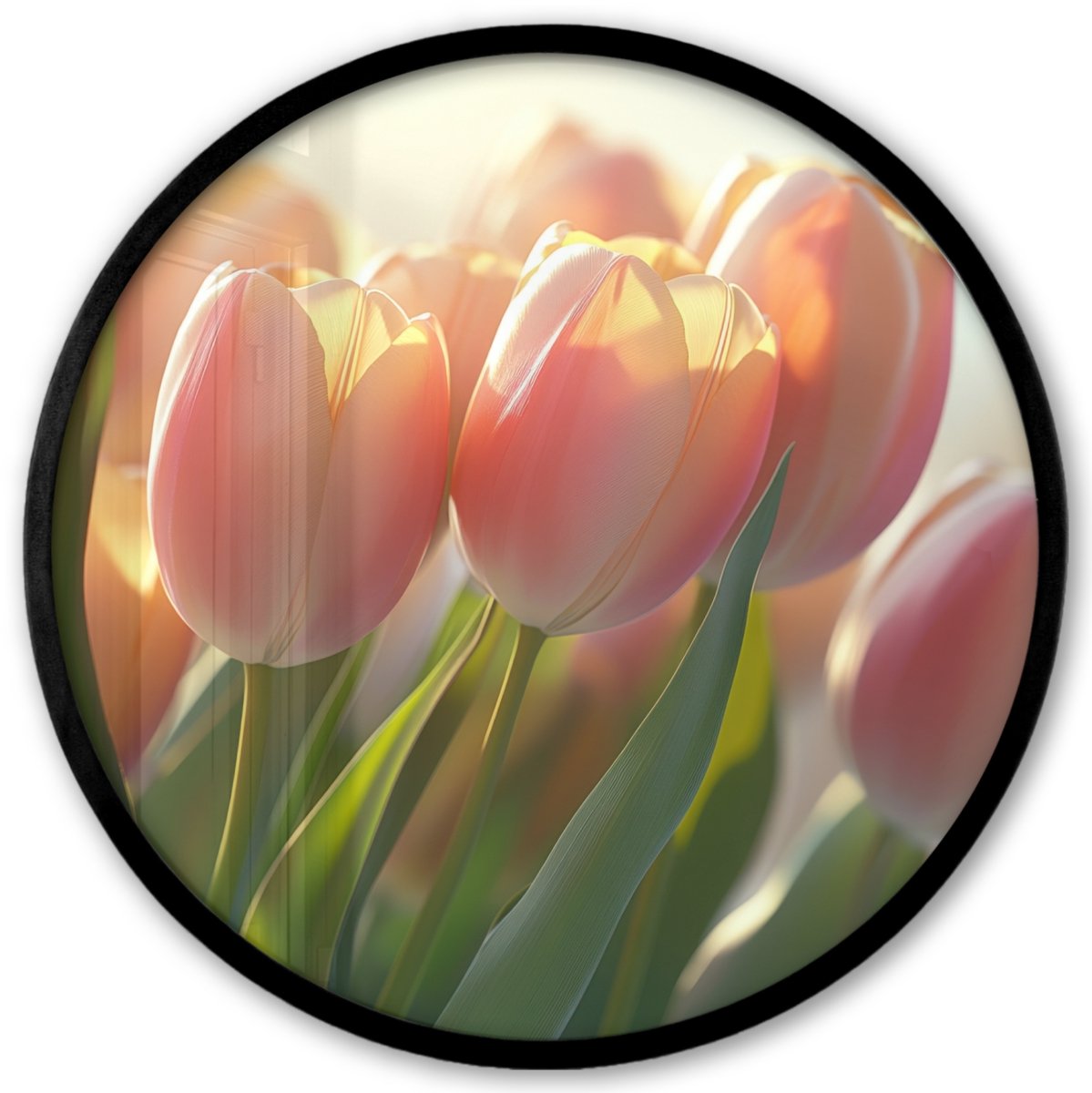 FrameYourWall Poster in lijst Rond - Fotolijst 40x40 cm - Posters - Tulpen - Roze - Zonnestralen - Ronde posterlijst zwart - Decoratie - Wanddecoratie woonkamer - Muurdecoratie slaapkamer