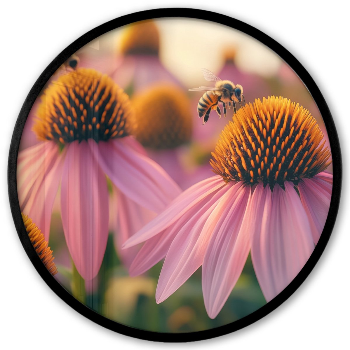 FrameYourWall Poster in lijst Rond - Fotolijst 40x40 cm - Posters - Bloemen - Paars - Bijen - Ronde posterlijst zwart - Decoratie - Wanddecoratie woonkamer - Muurdecoratie slaapkamer