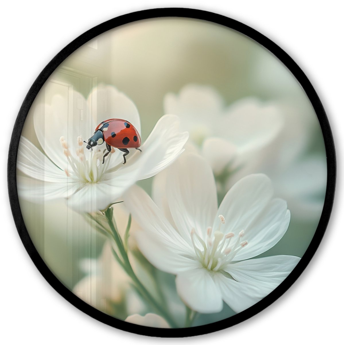 FrameYourWall Poster in lijst Rond - Fotolijst 40x40 cm - Posters - Lieveheersbeestje - Bloemen - Wit - Ronde posterlijst zwart - Decoratie - Wanddecoratie woonkamer - Muurdecoratie slaapkamer