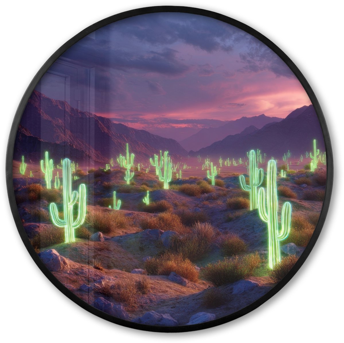 FrameYourWall Poster in lijst Rond - Fotolijst 80x80 cm - Posters - Neon cactussen - Woestijn - Zonsondergang - Ronde posterlijst zwart - Decoratie - Wanddecoratie woonkamer - Muurdecoratie slaapkamer Neon - cactus - Woestijn