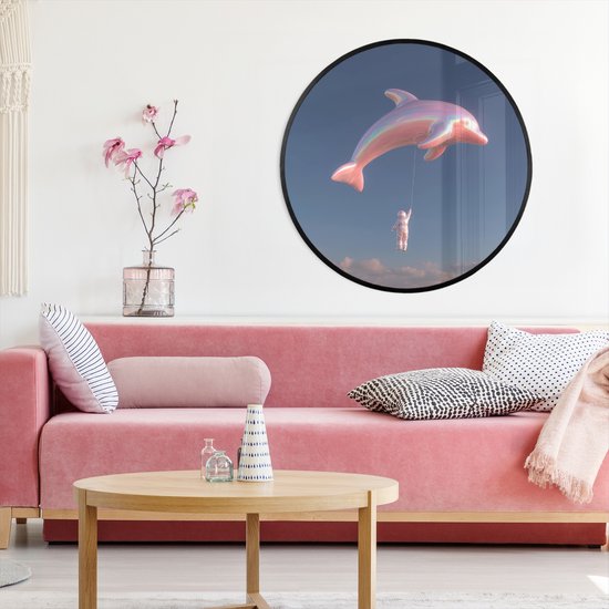 Poster in lijst Rond - Fotolijst 80x80 cm - Posters - Dolfijn - Roze - Astronaut - Ronde posterlijst zwart - Decoratie - Wanddecoratie woonkamer - Muurdecoratie slaapkamer