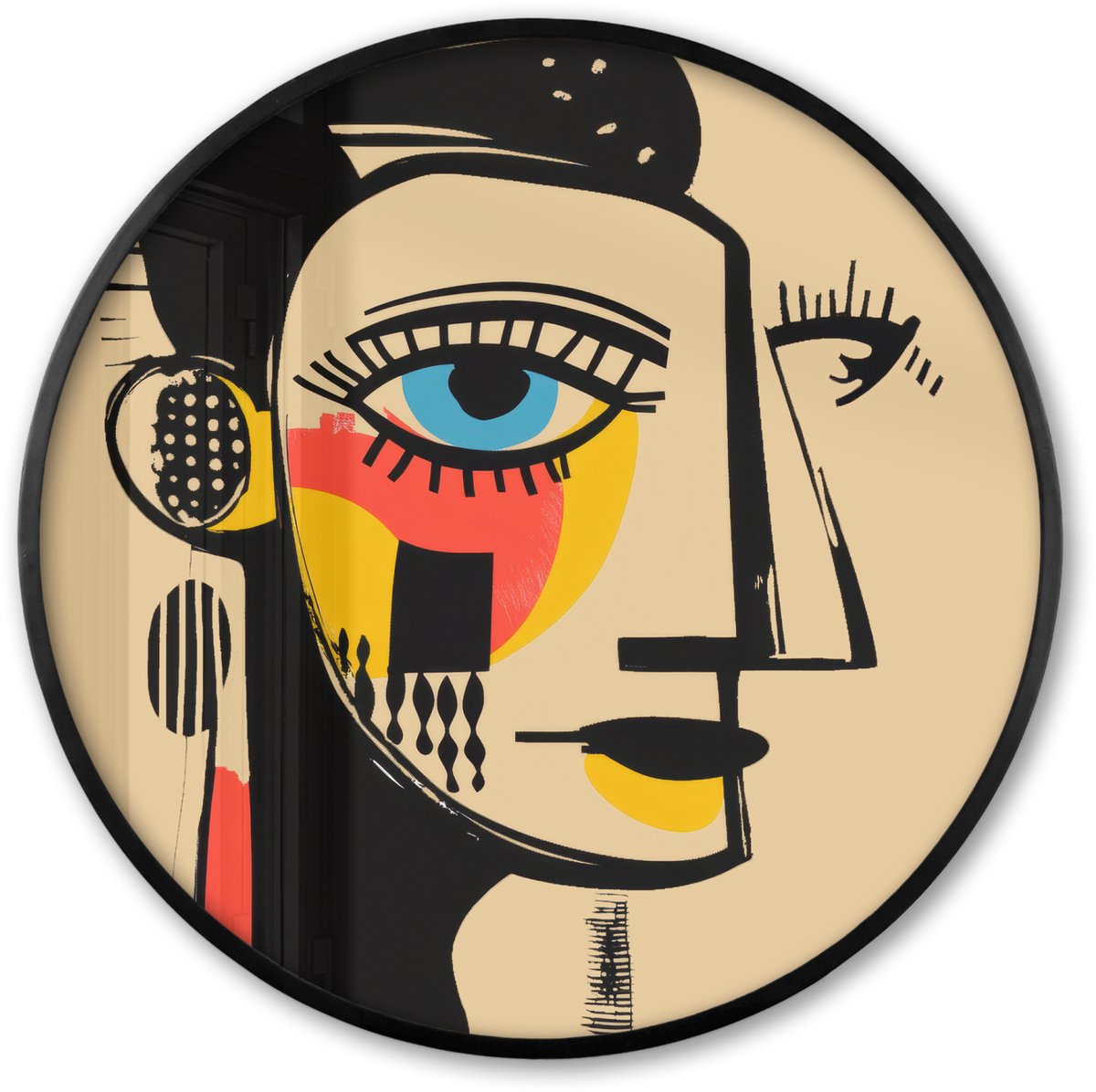 FrameYourWall Poster in lijst Rond - Fotolijst 80x80 cm - Posters - Geometrisch - Felle kleuren - Kubistische stijl - Ronde posterlijst zwart - Decoratie - Wanddecoratie woonkamer - Muurdecoratie slaapkamer Gezicht - Kunst
