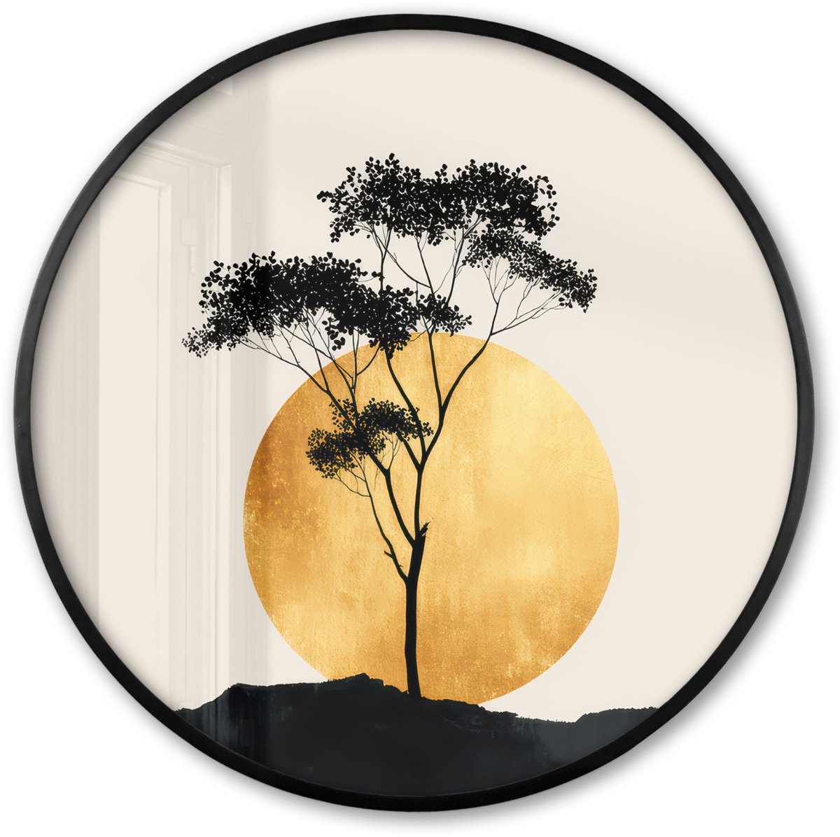 FrameYourWall Poster in lijst Rond - Fotolijst 80x80 cm - Posters - Zwarte boom - Gouden cirkel - Heuvel - Ronde posterlijst zwart - Decoratie - Wanddecoratie woonkamer - Muurdecoratie slaapkamer Boom - Cirkel - Heuvel