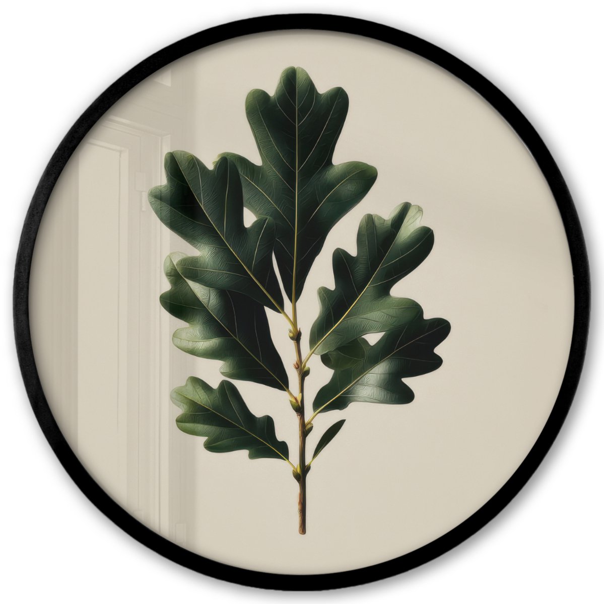 FrameYourWall Poster in lijst Rond - Fotolijst 40x40 cm - Posters - Eikenbladeren - Beige - Groen - Golvende randen - Ronde posterlijst zwart - Decoratie - Wanddecoratie woonkamer - Muurdecoratie slaapkamer