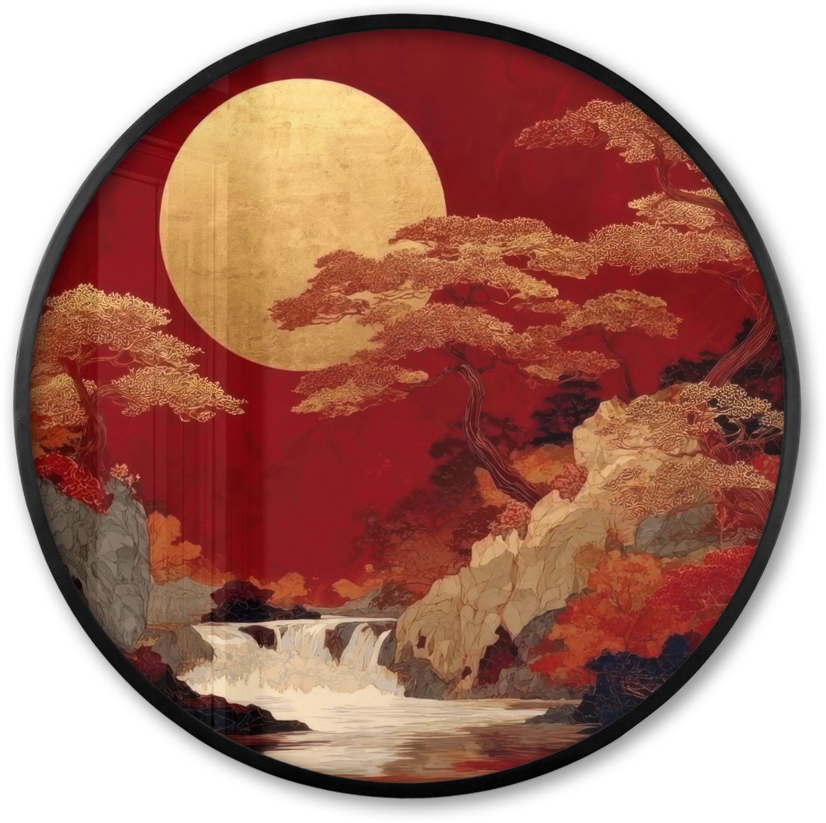 FrameYourWall Poster in lijst Rond - Fotolijst 80x80 cm - Posters - Volle maan - Landschap - Waterval - Ronde posterlijst zwart - Decoratie - Wanddecoratie woonkamer - Muurdecoratie slaapkamer