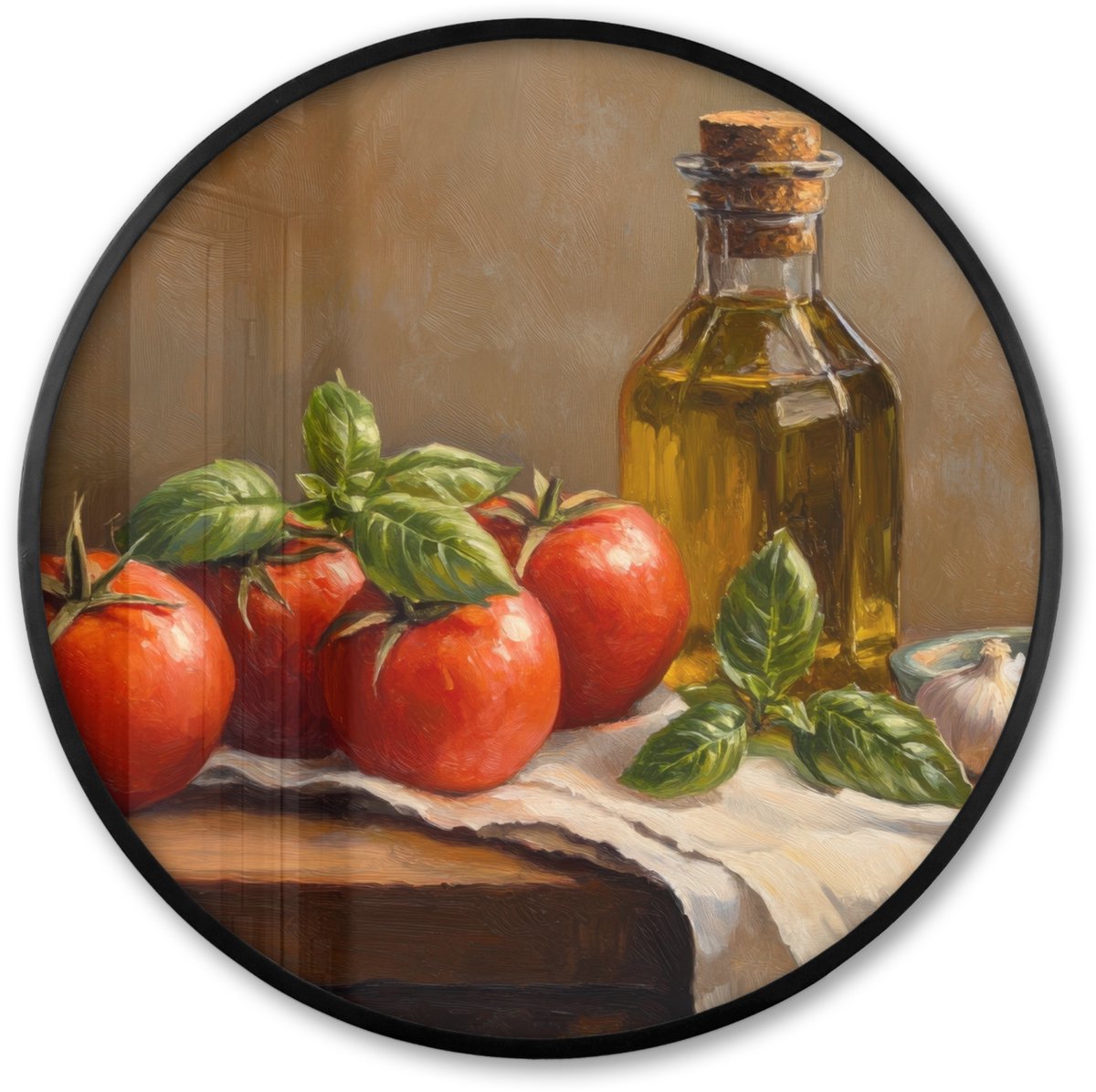 FrameYourWall Poster in lijst Rond - Fotolijst 80x80 cm - Posters - Tomaten - Olijfolie - Stilleven - Ronde posterlijst zwart - Decoratie - Wanddecoratie woonkamer - Muurdecoratie slaapkamer Tomaten - Stilleven