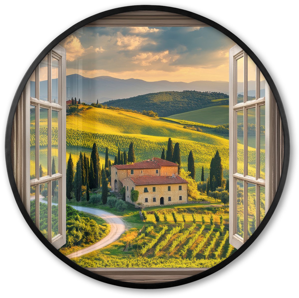 FrameYourWall Poster in lijst Rond - Fotolijst 80x80 cm - Posters - Doorkijk - Toscane - Uitzicht - Landschap - Zomer - Ronde posterlijst zwart - Decoratie - Wanddecoratie woonkamer - Muurdecoratie slaapkamer Toscane - Landschap