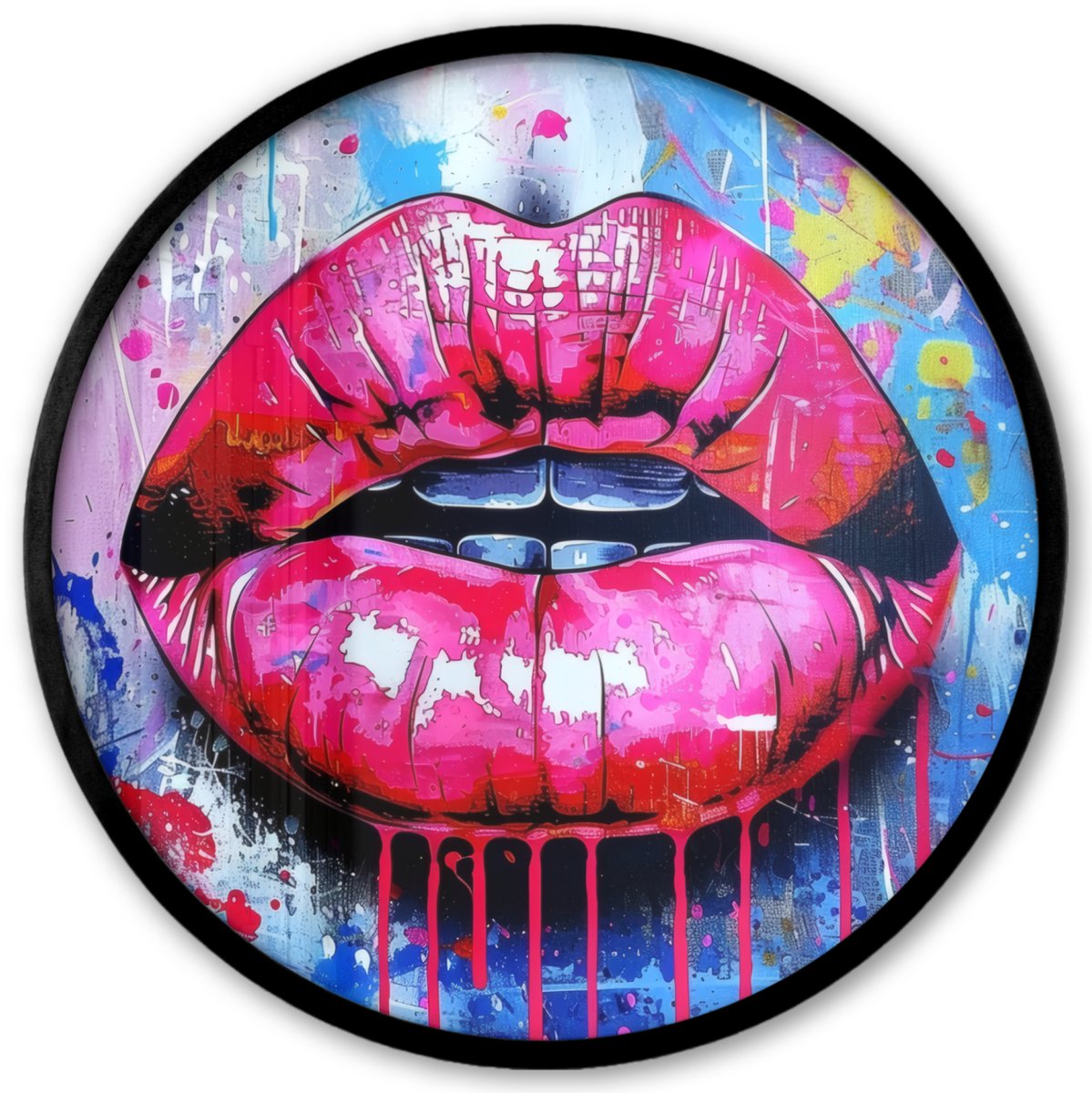 FrameYourWall Poster in lijst Rond - Fotolijst 40x40 cm - Posters - Graffiti - Lippen - Felroze - Geschilderd - Ronde posterlijst zwart - Decoratie - Wanddecoratie woonkamer - Muurdecoratie slaapkamer Lippen - Verf