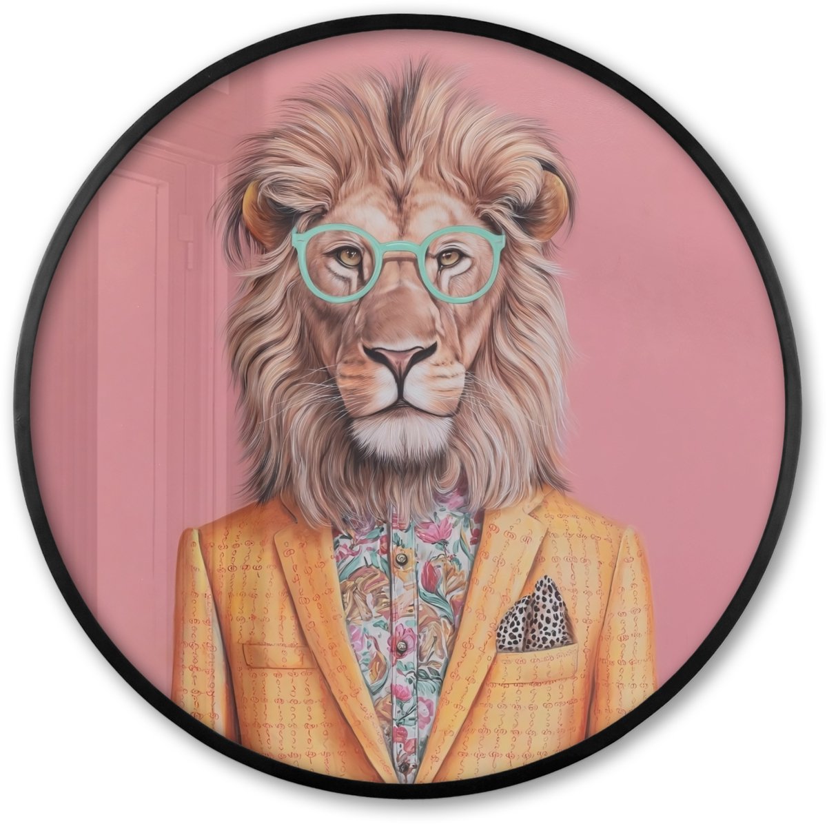 FrameYourWall Poster in lijst Rond - Fotolijst 60x60 cm - Posters - Leeuw - Pak - Geruit - Bril - Ronde posterlijst zwart - Decoratie - Wanddecoratie woonkamer - Muurdecoratie slaapkamer
