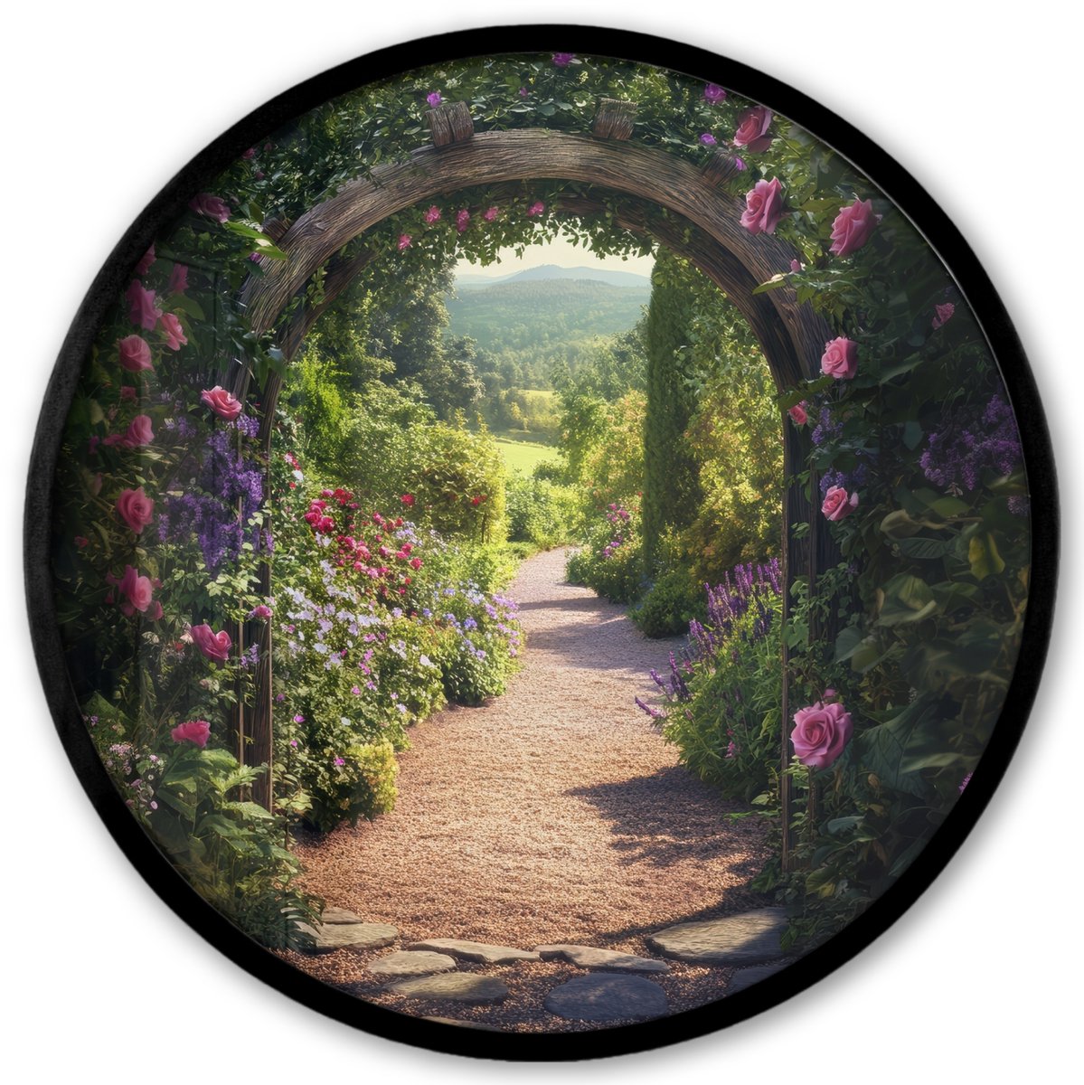 FrameYourWall Poster in lijst Rond - Fotolijst 40x40 cm - Posters - Doorkijk - Bloemen - Natuur - Rozenboog - Ronde posterlijst zwart - Decoratie - Wanddecoratie woonkamer - Muurdecoratie slaapkamer Poort - Bloemen