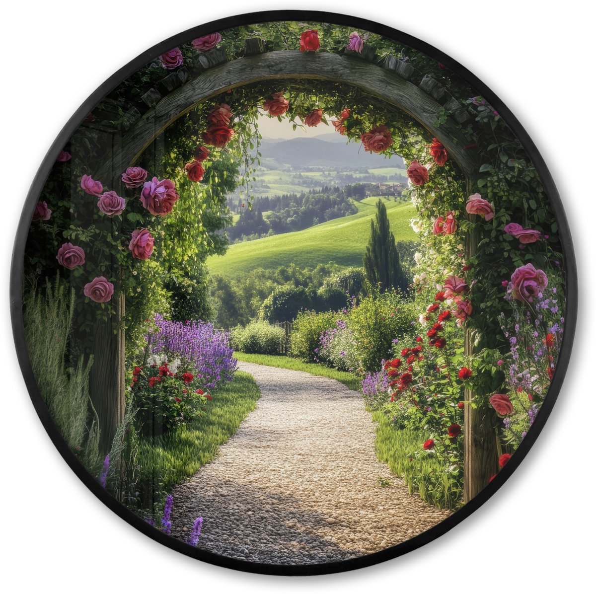 FrameYourWall Poster in lijst Rond - Fotolijst 80x80 cm - Posters - Doorkijk - Tuinboog - Bloemen - Natuur - Pad - Ronde posterlijst zwart - Decoratie - Wanddecoratie woonkamer - Muurdecoratie slaapkamer