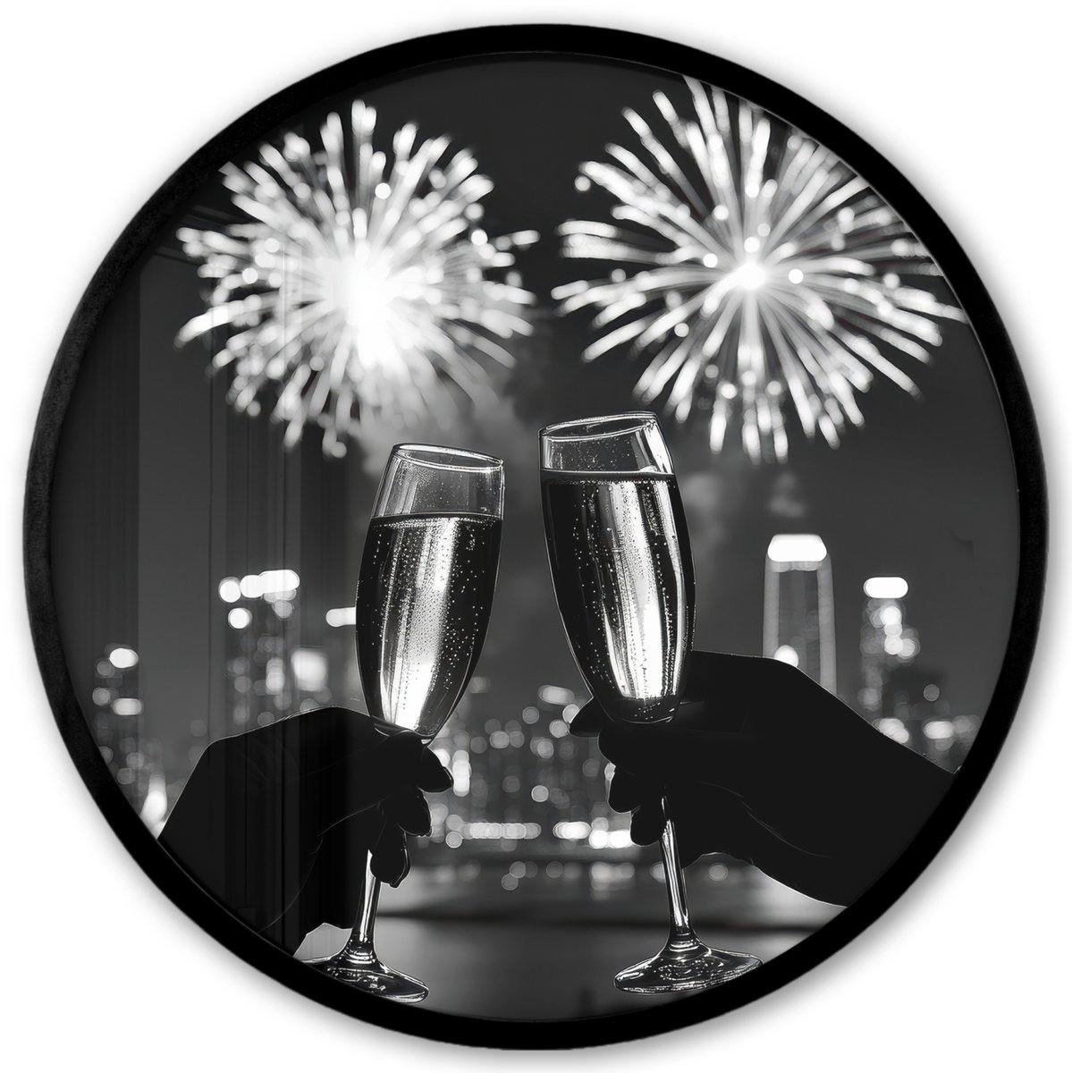FrameYourWall Poster in lijst Rond - Fotolijst 40x40 cm - Posters - Vuurwerk - Proosten - Skyline - Champagne - Ronde posterlijst zwart - Decoratie - Wanddecoratie woonkamer - Muurdecoratie slaapkamer Proost - Vuurwerk