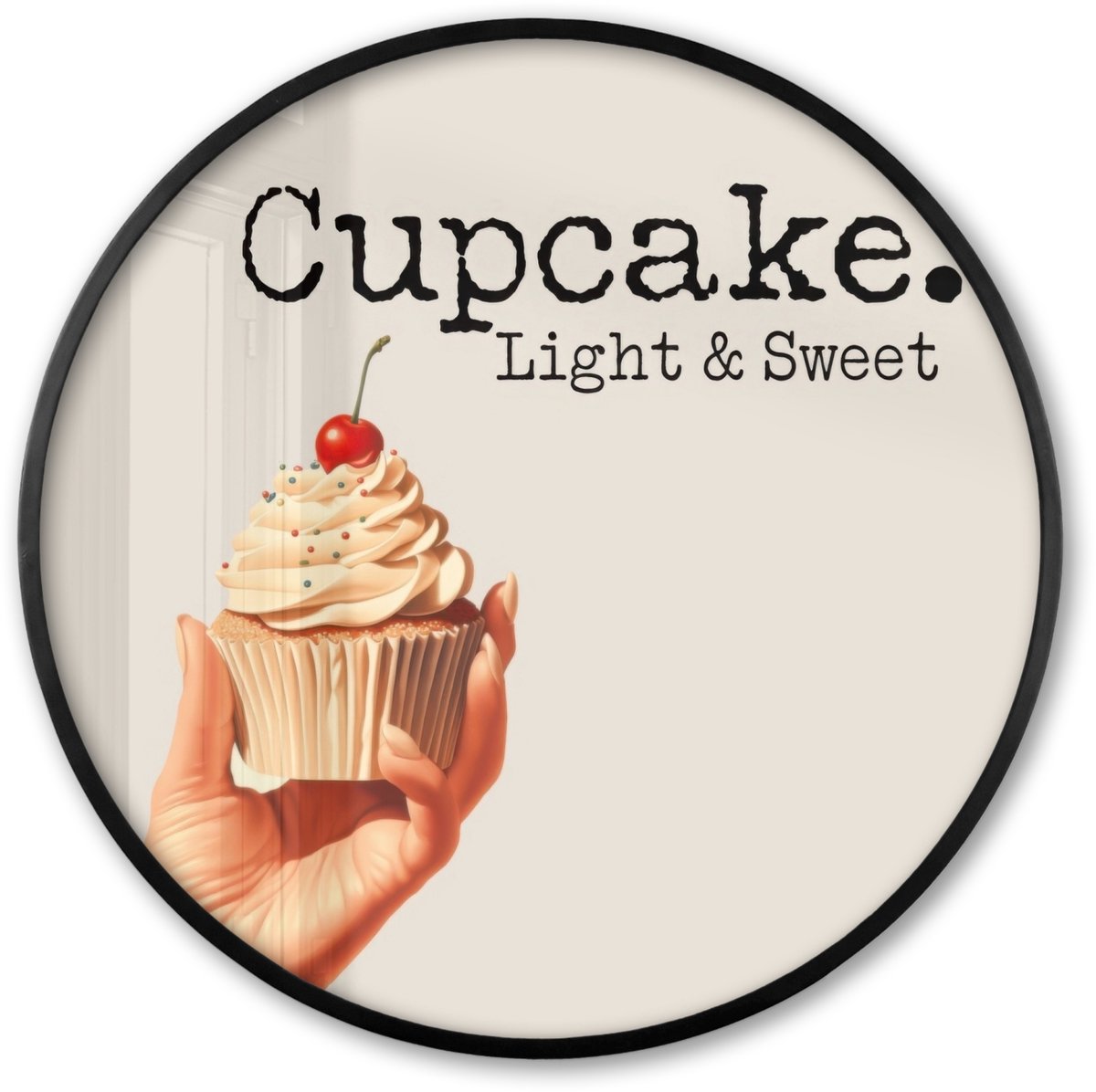 FrameYourWall Poster in lijst Rond - Fotolijst 60x60 cm - Posters - Cupcake - Zoet - Kers - Ronde posterlijst zwart - Decoratie - Wanddecoratie woonkamer - Muurdecoratie slaapkamer Cupcake - Tekst