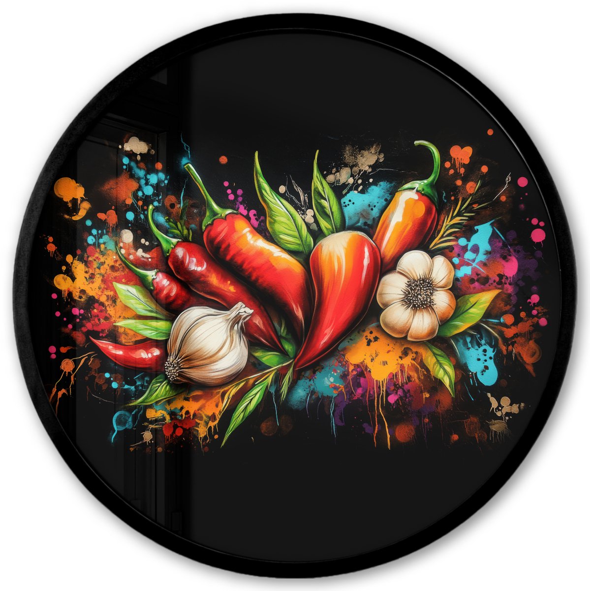 Poster in lijst Rond - Fotolijst 40x40 cm - Posters - Groente - Peper - Knoflook - Graffit