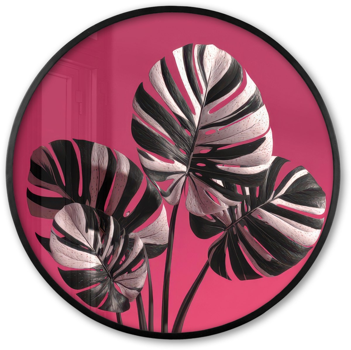FrameYourWall Poster in lijst Rond - Fotolijst 60x60 cm - Posters - Bladeren - Rond - Roze - Ronde posterlijst zwart - Decoratie - Wanddecoratie woonkamer - Muurdecoratie slaapkamer